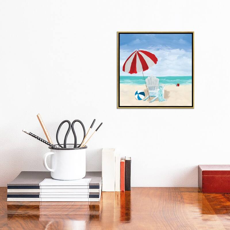 iCanvas "Beach Chair With Umbrella" by Julie Derice Framed Canvas Print